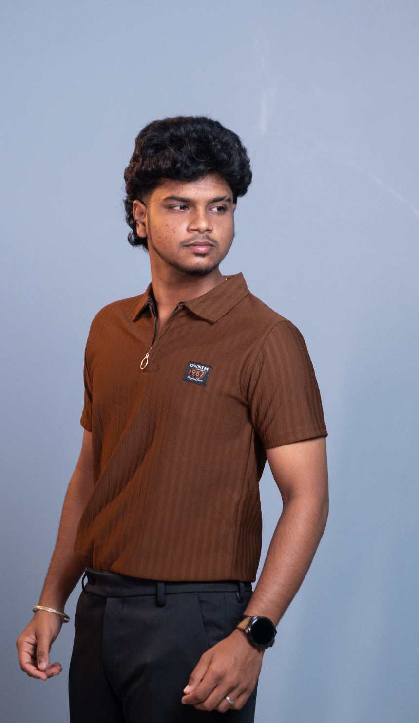 Short Sleeve Korean Zipper Polo T-Shirt for Men | Premium Fit 1987- Cho. Brown