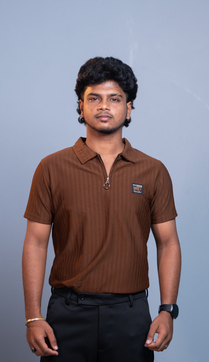 Short Sleeve Korean Zipper Polo T-Shirt for Men | Premium Fit 1987- Cho. Brown