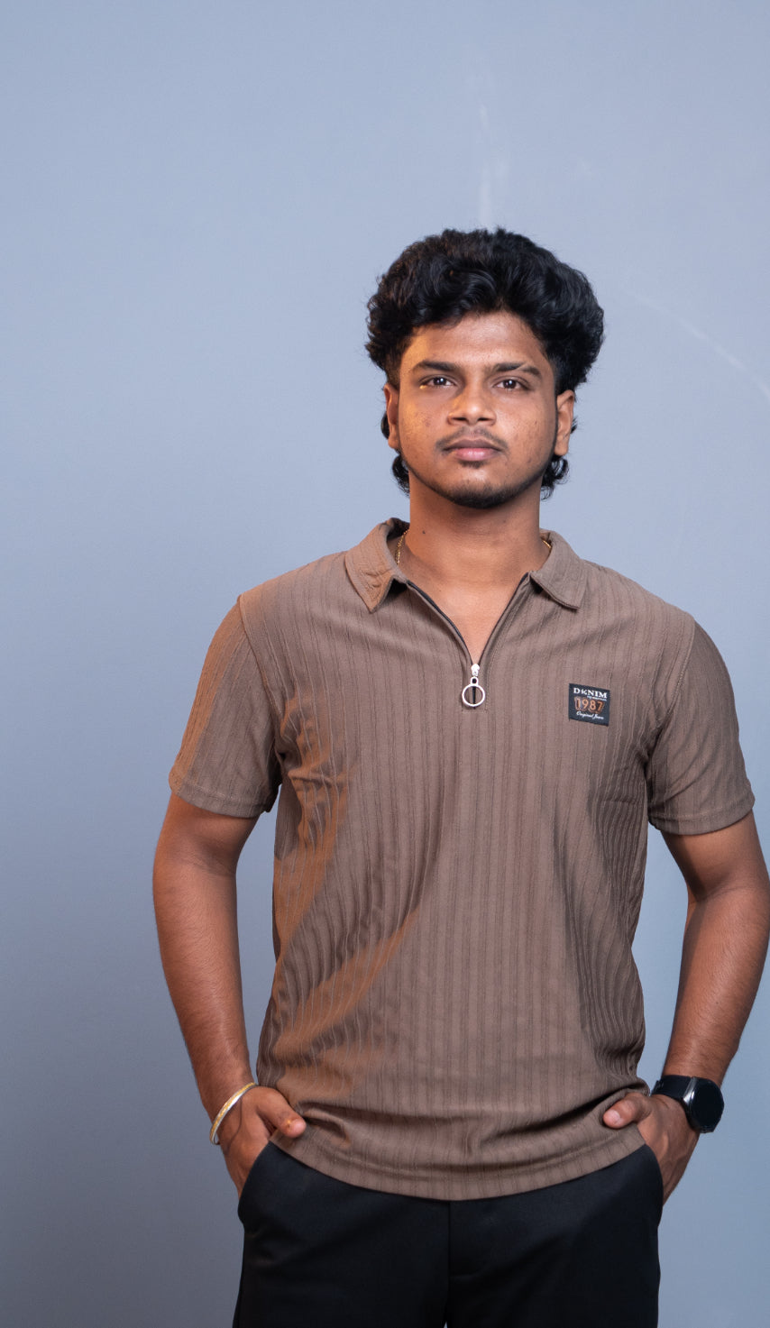 Short Sleeve Korean Zipper Polo T-Shirt for Men | Premium Fit 1987- Brown