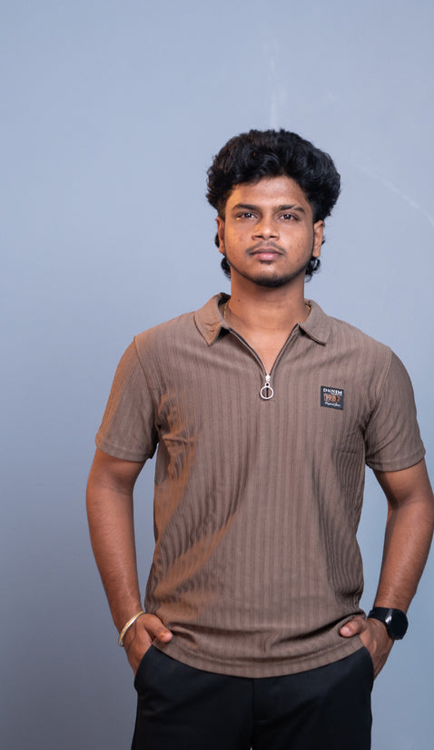 Short Sleeve Korean Zipper Polo T-Shirt for Men | Premium Fit 1987- Brown
