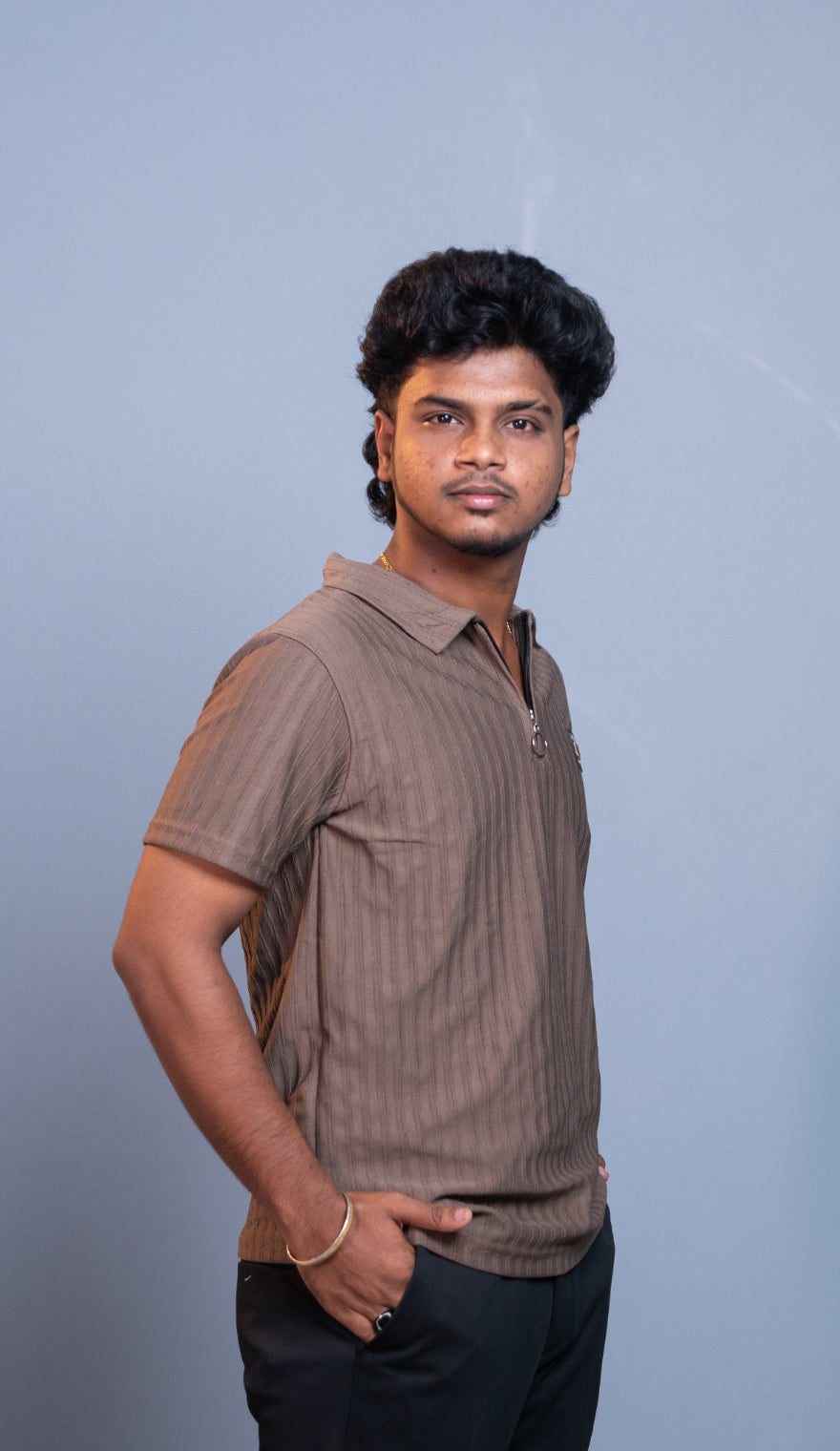 Short Sleeve Korean Zipper Polo T-Shirt for Men | Premium Fit 1987- Brown