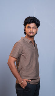 Short Sleeve Korean Zipper Polo T-Shirt for Men | Premium Fit 1987- Brown