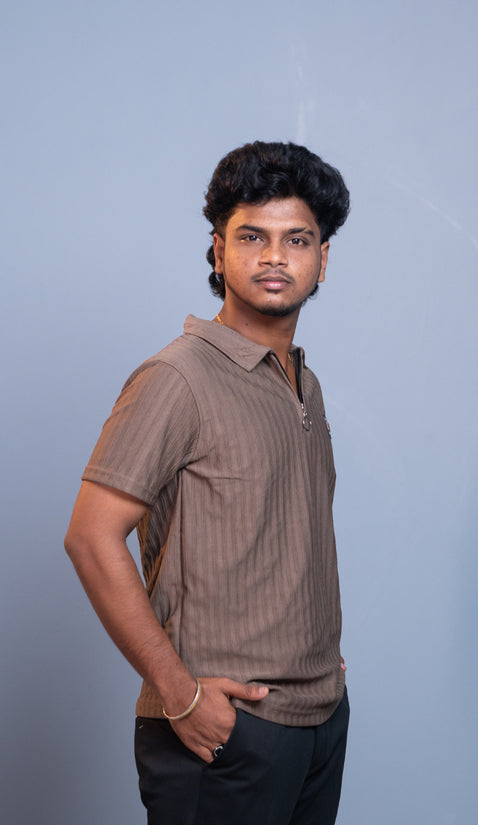 Short Sleeve Korean Zipper Polo T-Shirt for Men | Premium Fit 1987- Brown