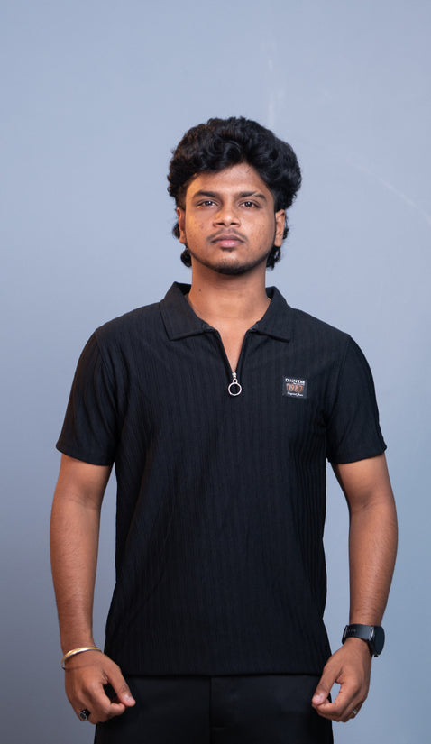 Short Sleeve Korean Zipper Polo T-Shirt for Men | Premium Fit 1987- Black