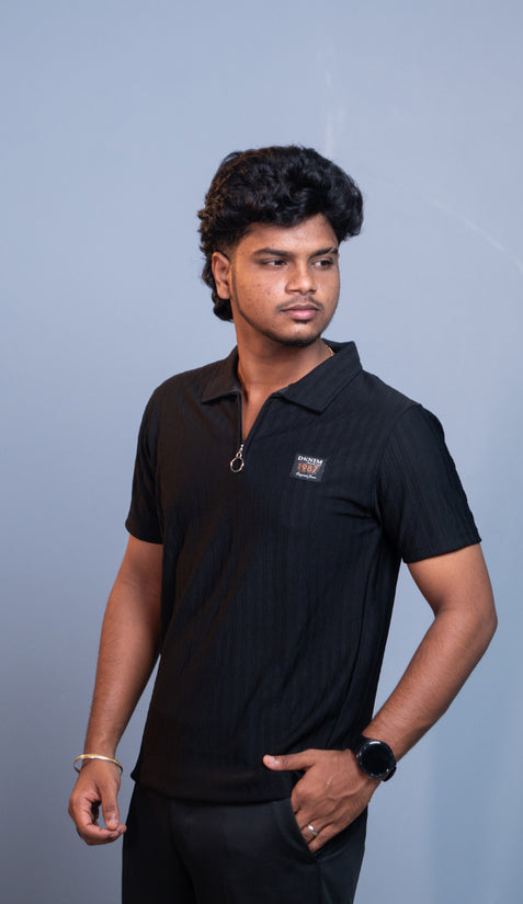 Short Sleeve Korean Zipper Polo T-Shirt for Men | Premium Fit 1987- Black