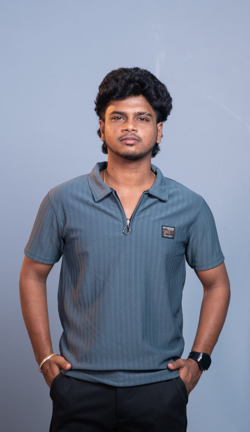 Short Sleeve Korean Zipper Polo T-Shirt for Men | Premium Fit 1987- Dark Grey