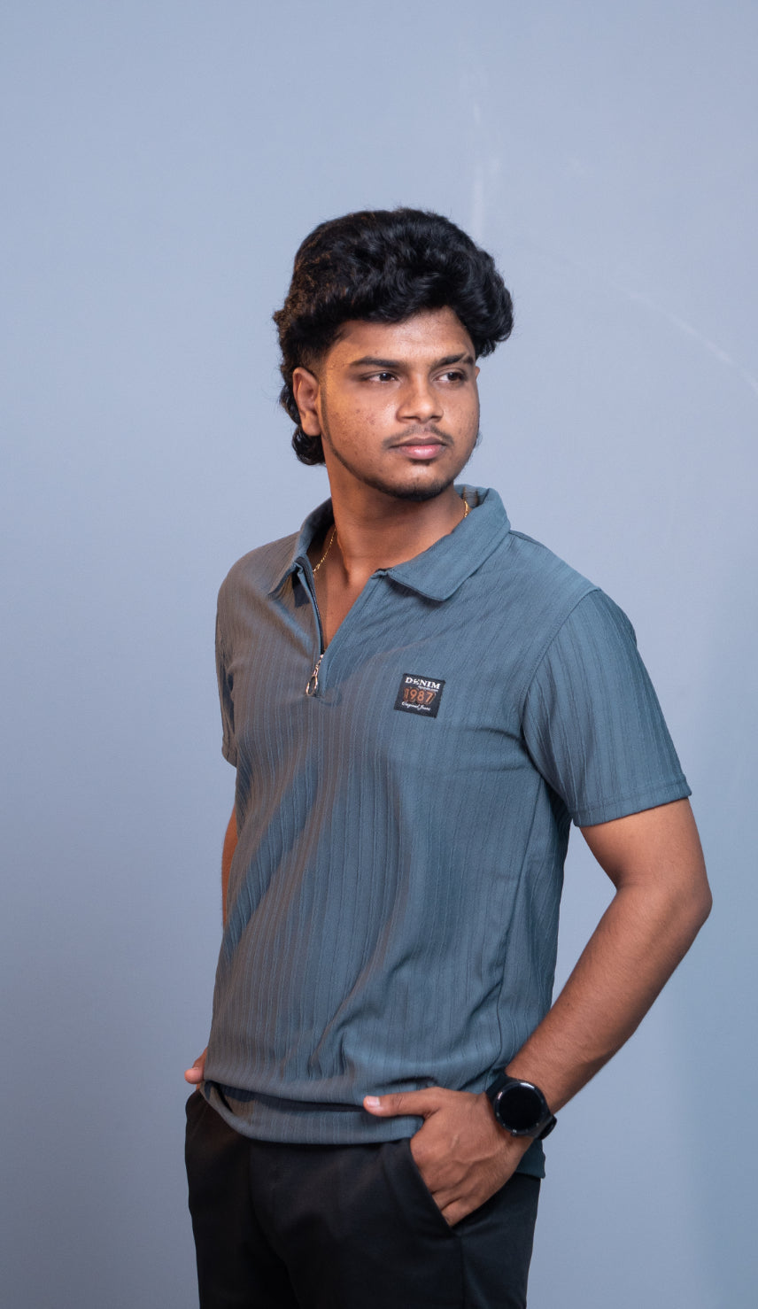 Short Sleeve Korean Zipper Polo T-Shirt for Men | Premium Fit 1987- Dark Grey