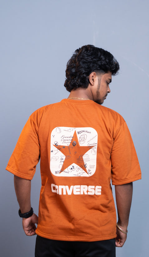 Oversized Round Neck CONVERSE T-Shirt for Men | Trendy Streetwear Style - Orange