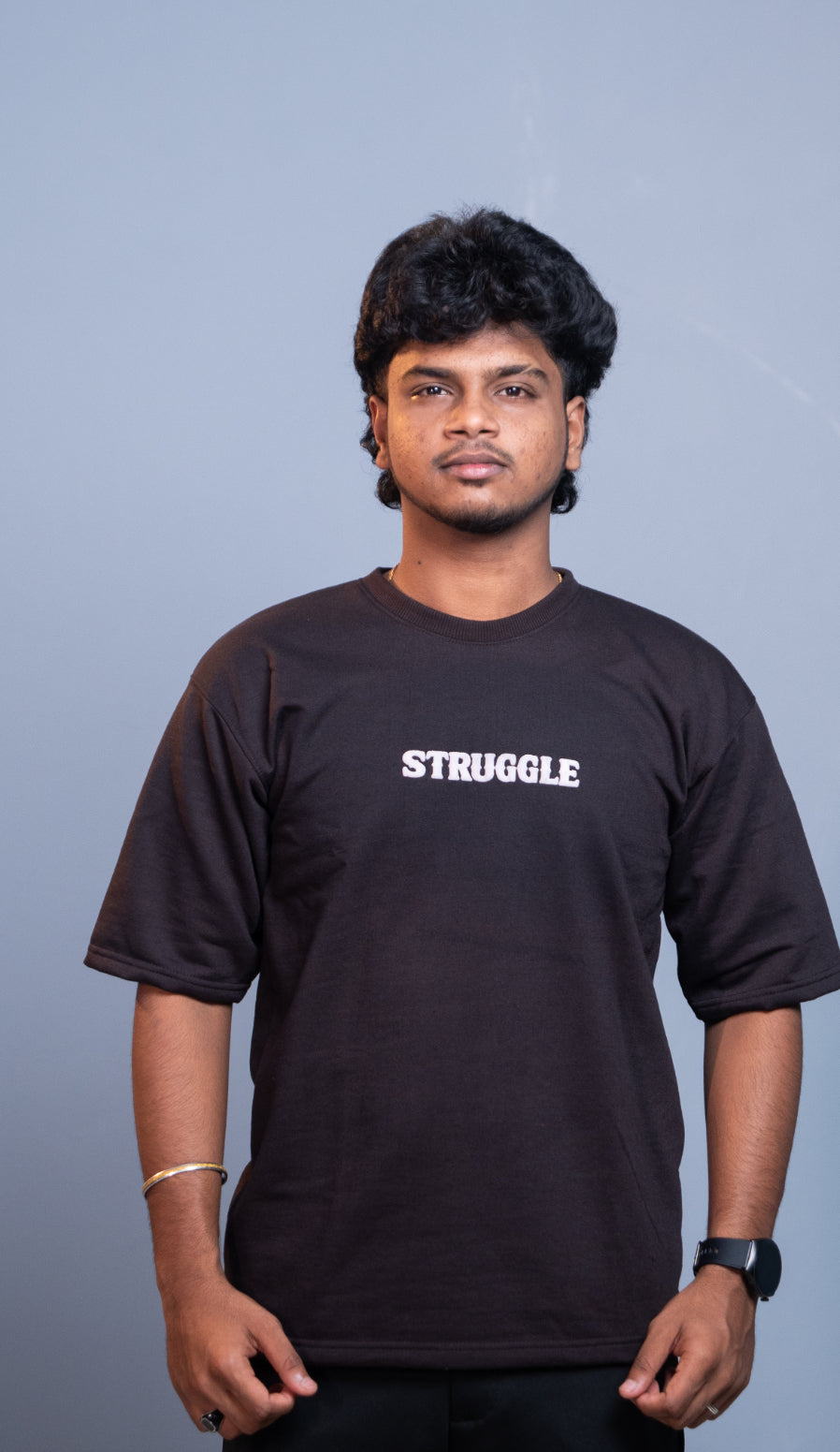 Oversized Round Neck STRUGGLE T-Shirt for Men | Trendy Streetwear Style - Chocolate Brown