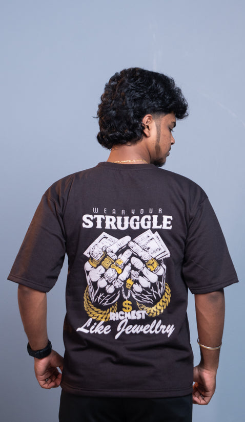Oversized Round Neck STRUGGLE T-Shirt for Men | Trendy Streetwear Style - Chocolate Brown