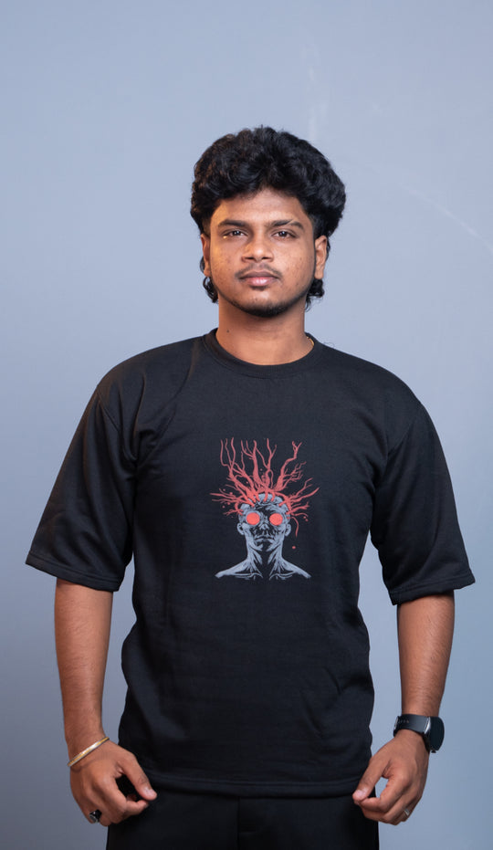Oversized Round Neck HUMAN T-Shirt for Men | Trendy Streetwear Style - Black – alternate view – 7MAN India