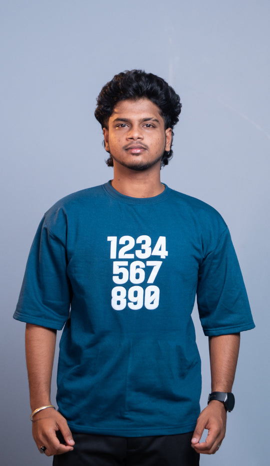 Oversized Round Neck 1TO0 Printed T-Shirt for Men | Trendy Streetwear Style - Ink Blue – alternate view – 7MAN India