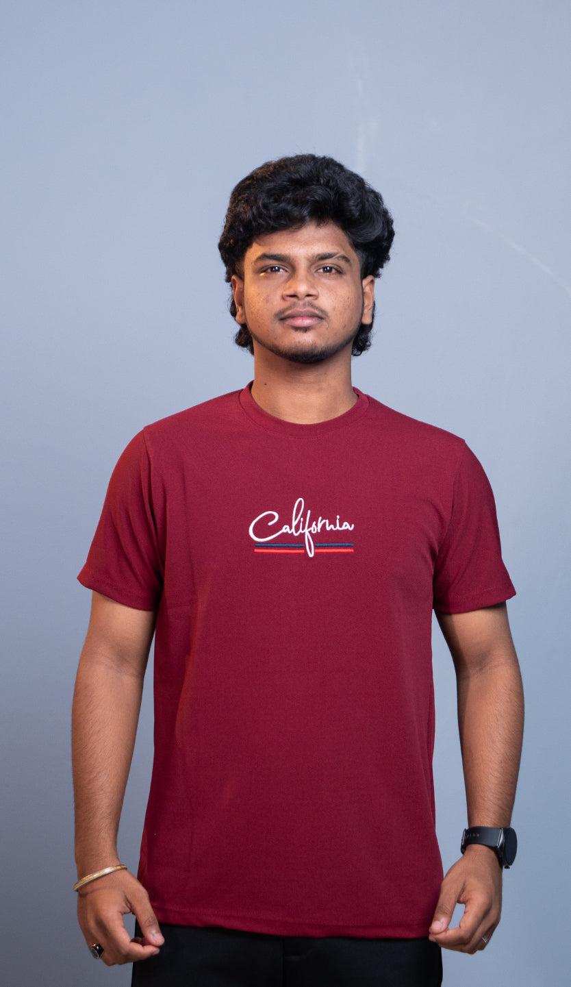 Half Sleeve Round Neck CALIFORNIA Printed Tshirt for Men - Maroon