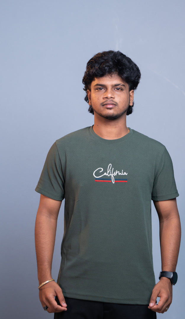Half Sleeve Round Neck CALIFORNIA Printed Tshirt for Men  Mehandi Green mens trending streetwear India 7Man