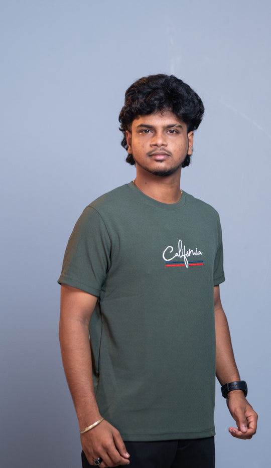 Half Sleeve Round Neck CALIFORNIA Printed Tshirt for Men - Mehandi Green – alternate view – 7MAN India