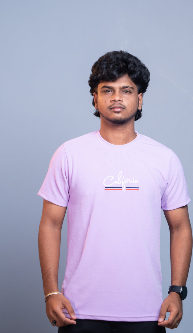 Half Sleeve Round Neck CALIFORNIA Printed Tshirt for Men  Lavendar mens trending streetwear India 7Man