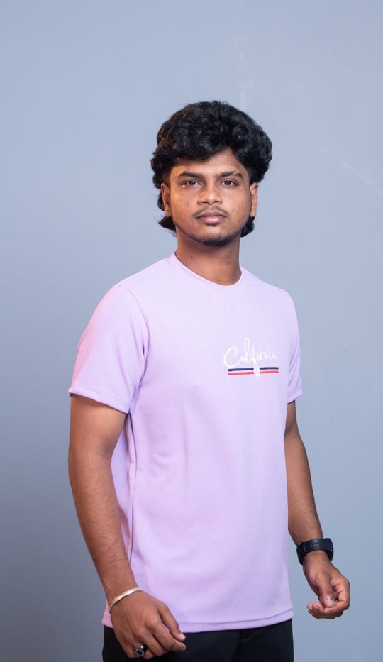 Half Sleeve Round Neck CALIFORNIA Printed Tshirt for Men - Lavendar – alternate view – 7MAN India