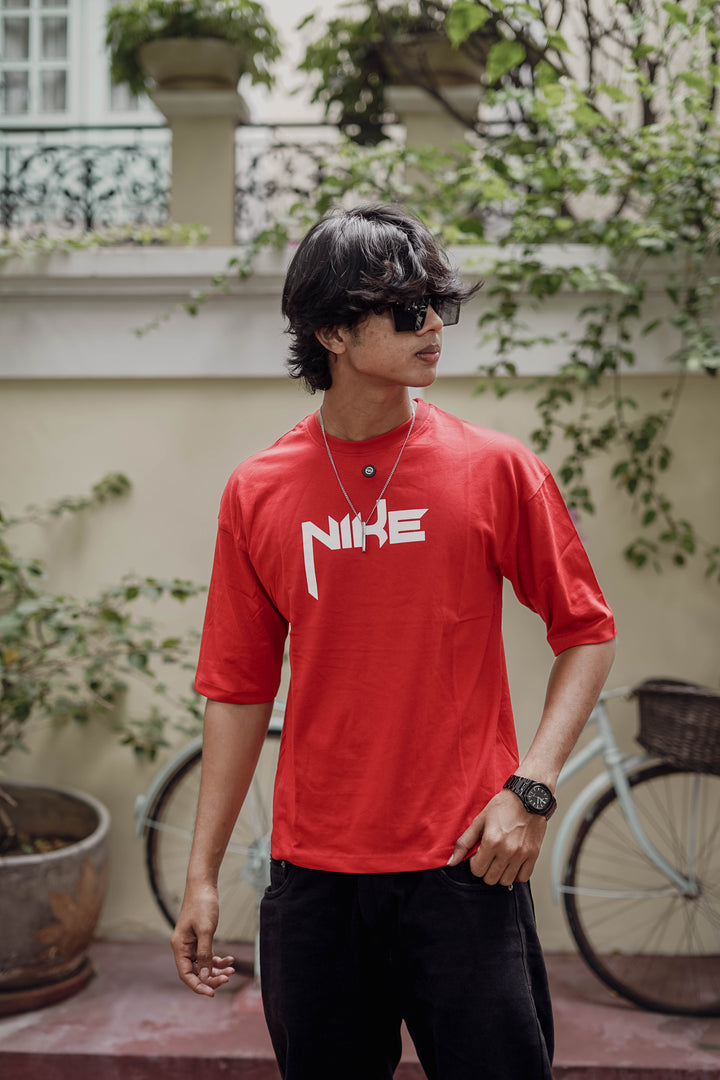 Trendy Five Sleeve Round Neck Printed T-shirt in Red- Nike