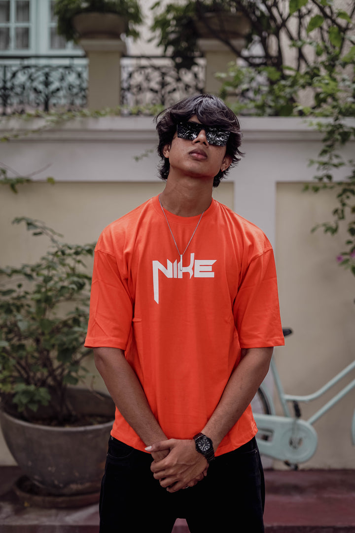 Trendy Five Sleeve Round Neck Printed T-shirt in Orange - Nike