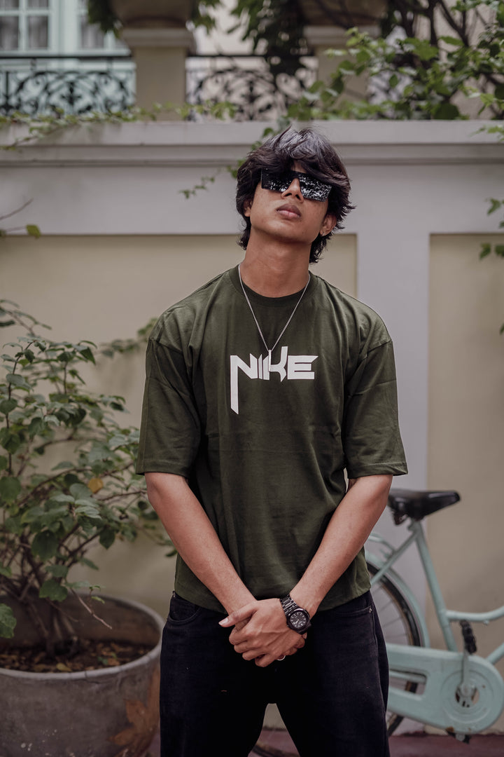 Trendy Five Sleeve Round Neck Printed T-shirt in Green- Nike