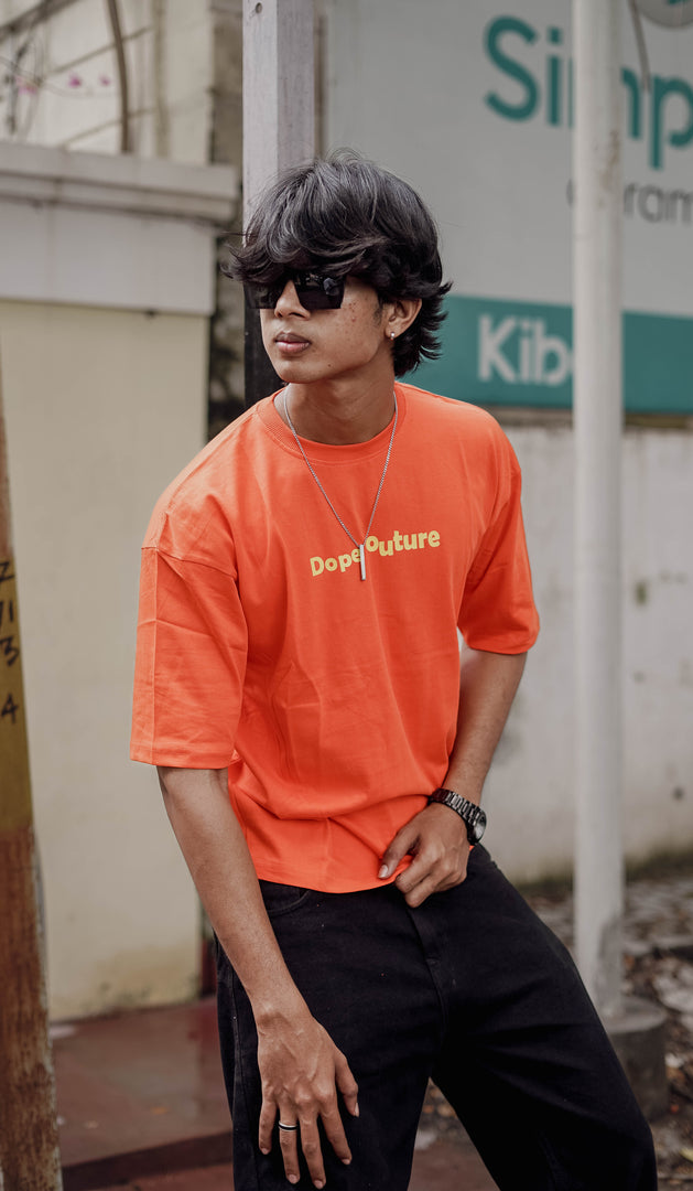 Trendy Five Sleeve Round Neck Printed T-shirt in ORANGE - DOPE COUTURE