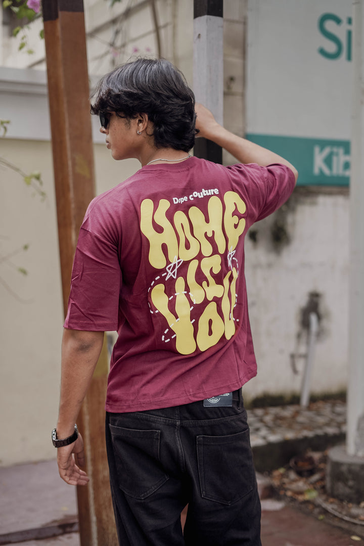 Trendy Five Sleeve Round Neck Printed T-shirt in Maroon- DOPE COUTURE