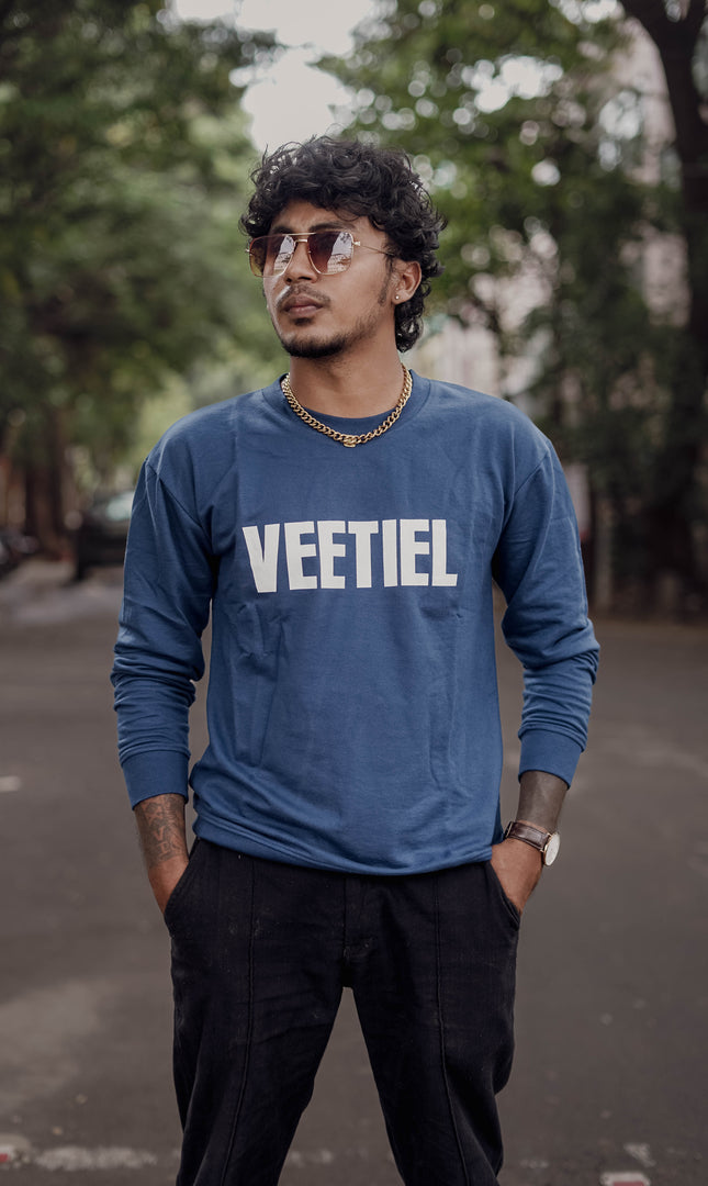 BACK PRINT FULL SLEEVE TSHIRT-NAVY BLUE- VEETIEL