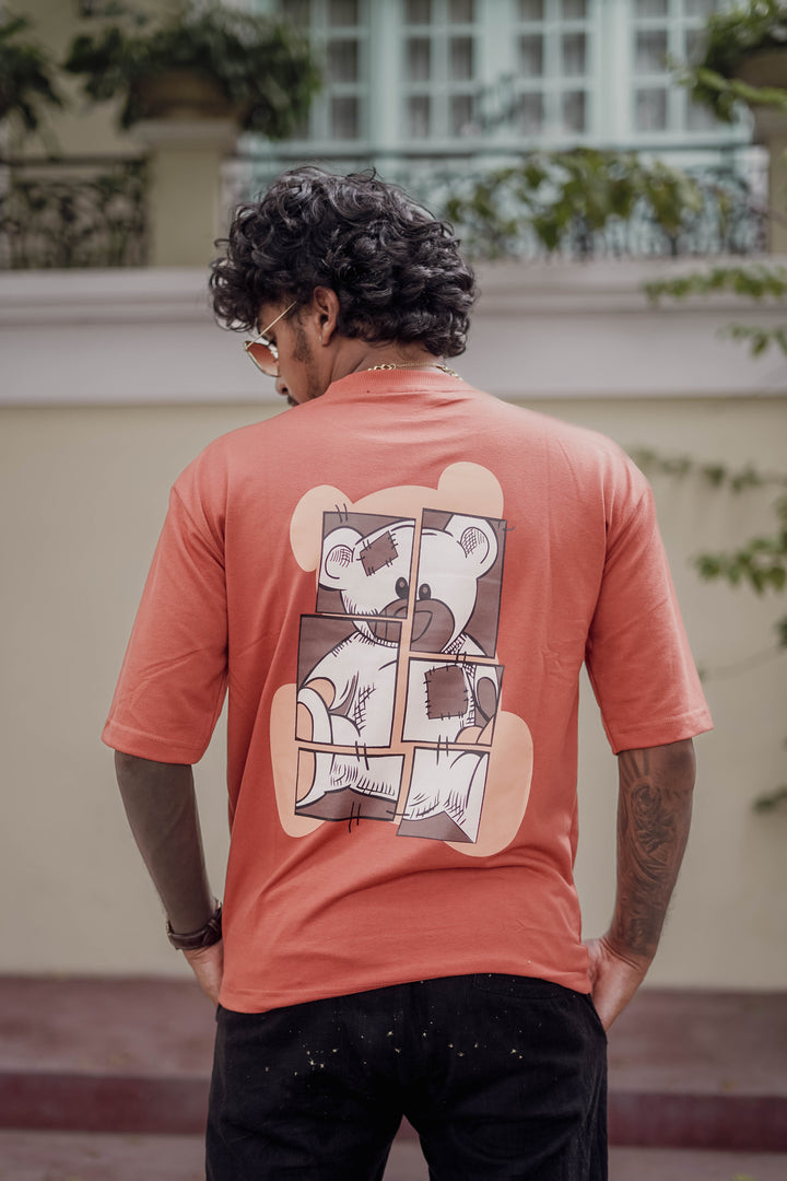 TRENDY BACK PRINT TEDDY BEAR FIVE SLEEVE TSHIRT-ORANGE