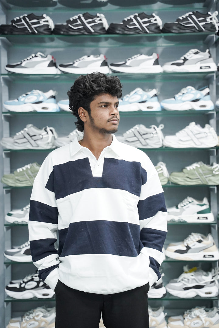 Full Sleeve Collar Neck Cuttens Mens Tshirt - White and Navy Blue