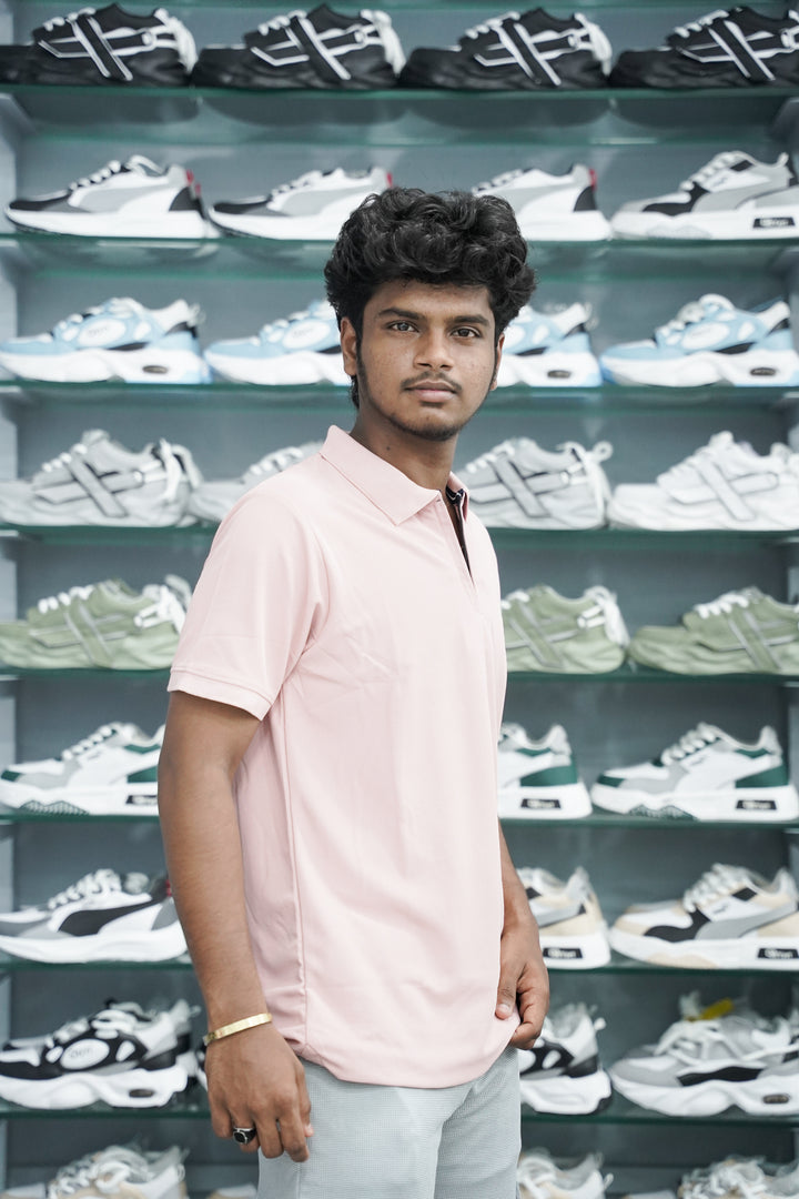 Mens 07 half sleeve collar Neck Zipper Tshirt - Baby Pink