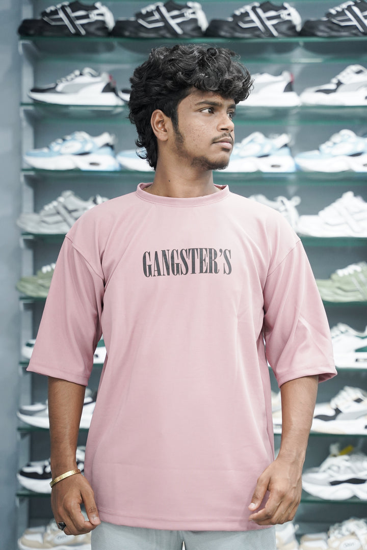 Five Sleeve Round Neck GANGSTER Printed Mens Tshirt - Pink