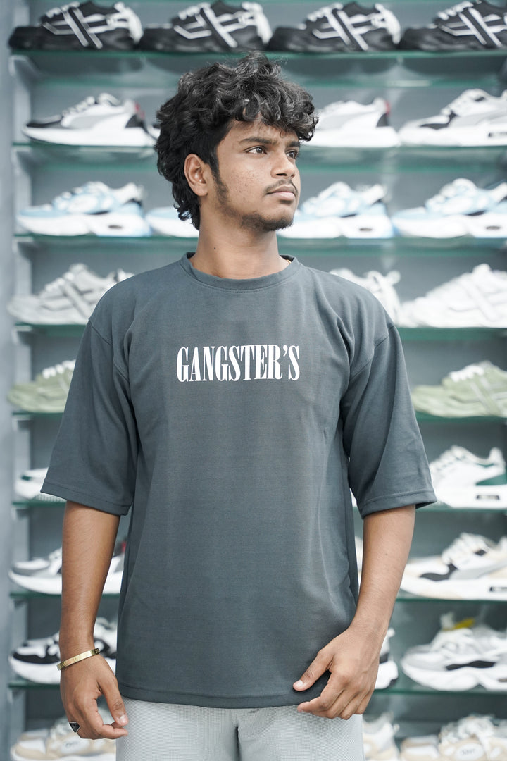 Five Sleeve Round Neck GANGSTER Printed Mens Tshirt - Grey