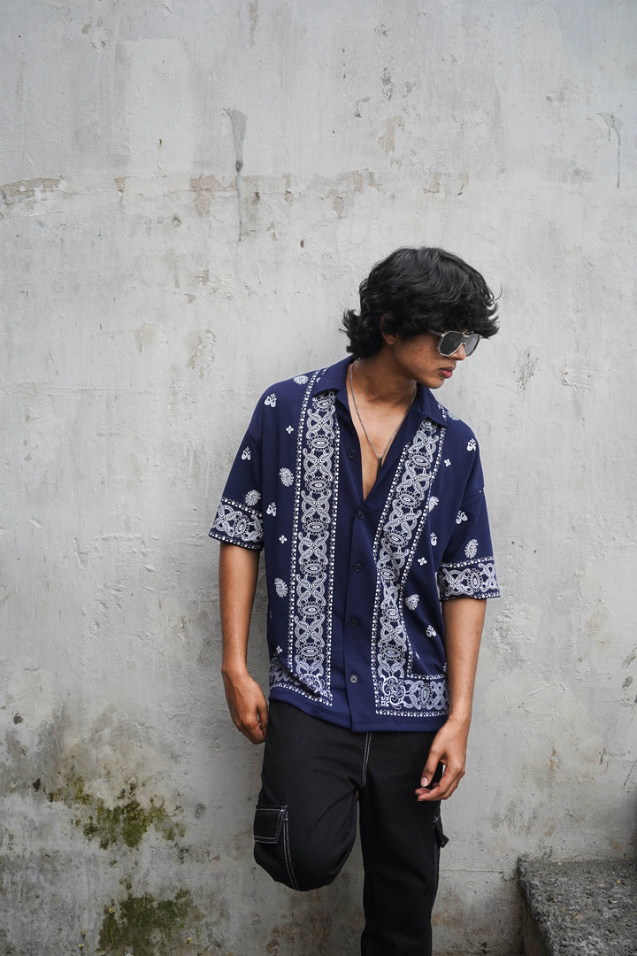 TRENDY FLORAL PRINTED FIVE SLEEVE SHIRT- NAVY BLUE