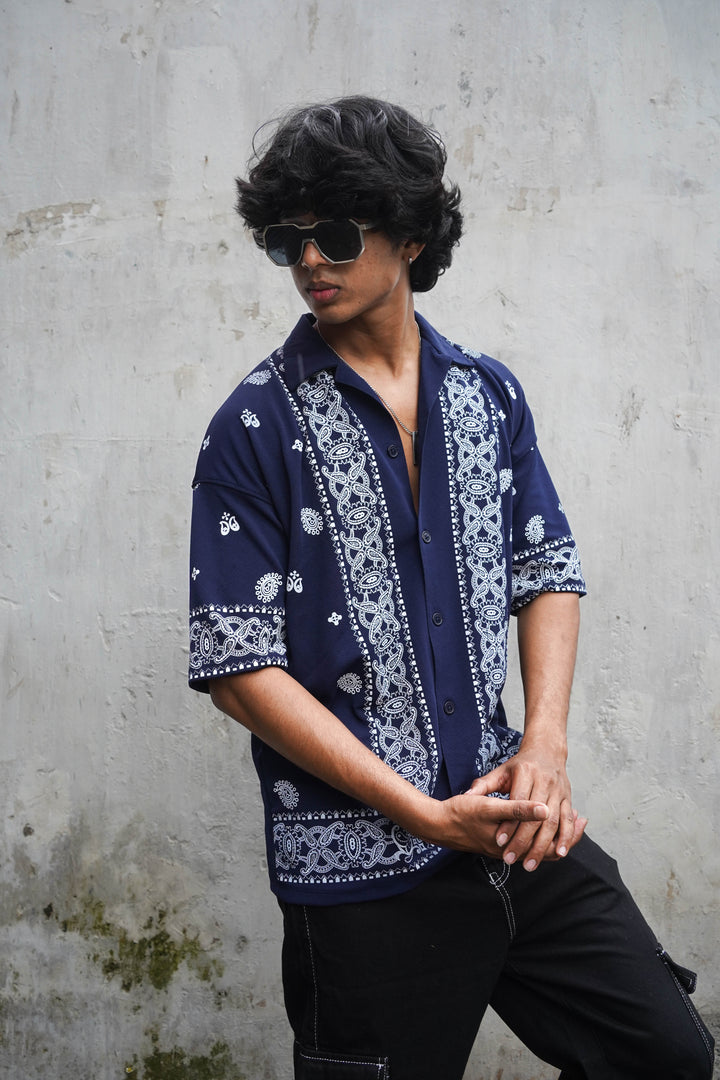 TRENDY FLORAL PRINTED FIVE SLEEVE SHIRT- NAVY BLUE