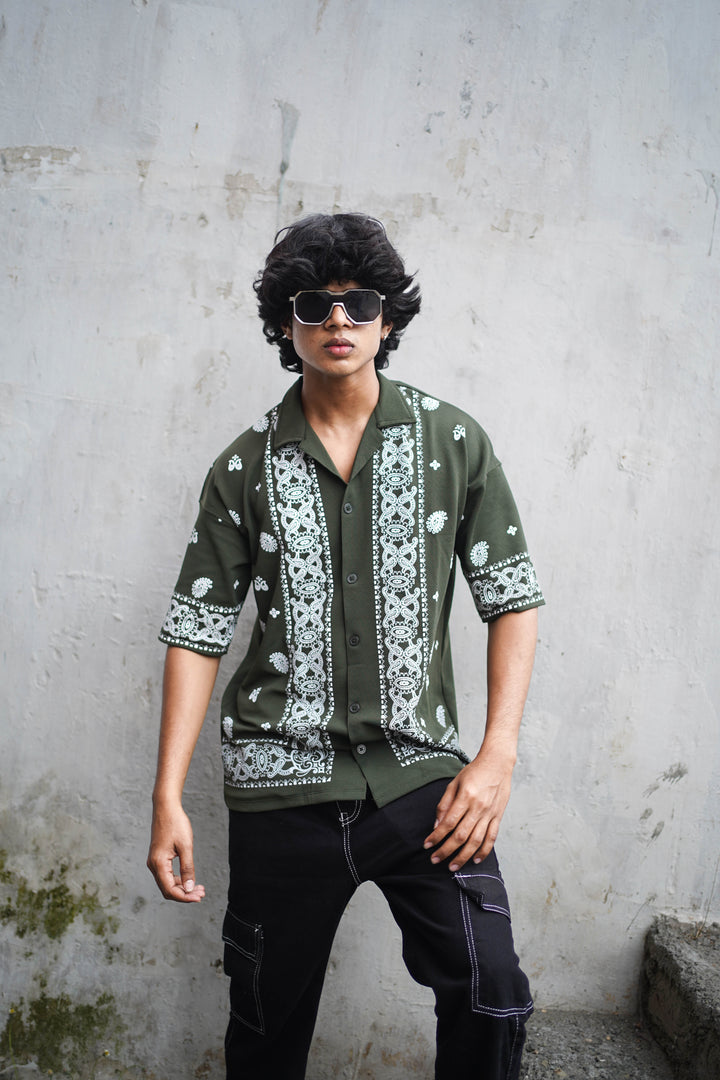 TRENDY FLORAL PRINTED FIVE SLEEVE SHIRT- MEHANDI GREEN