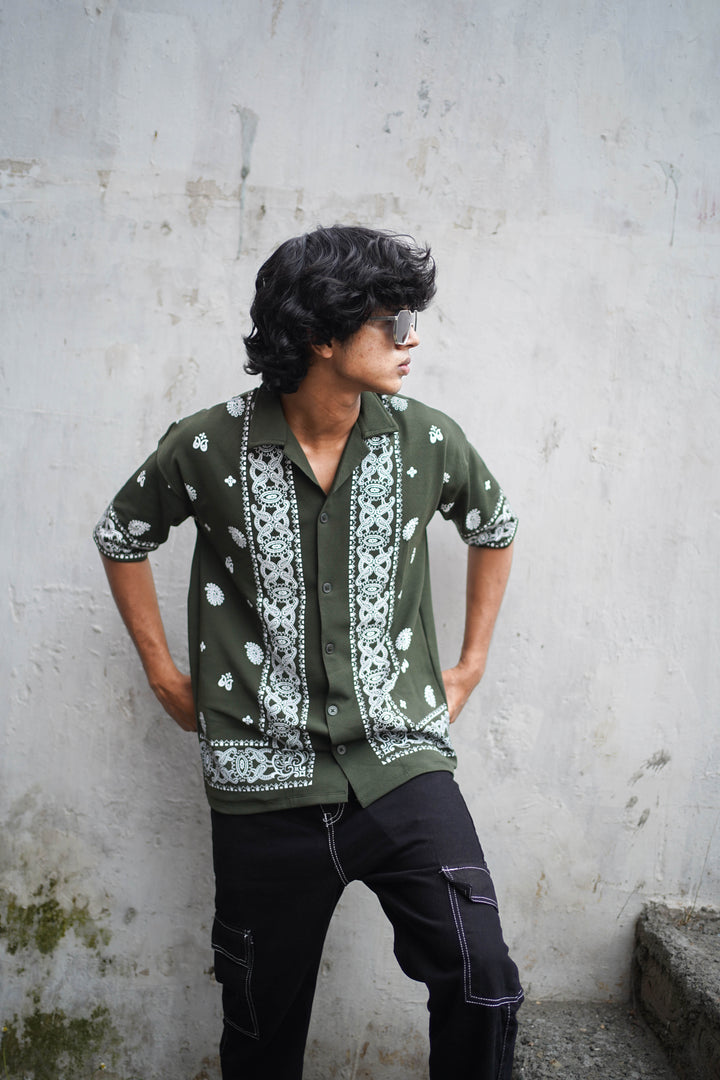 TRENDY FLORAL PRINTED FIVE SLEEVE SHIRT- MEHANDI GREEN