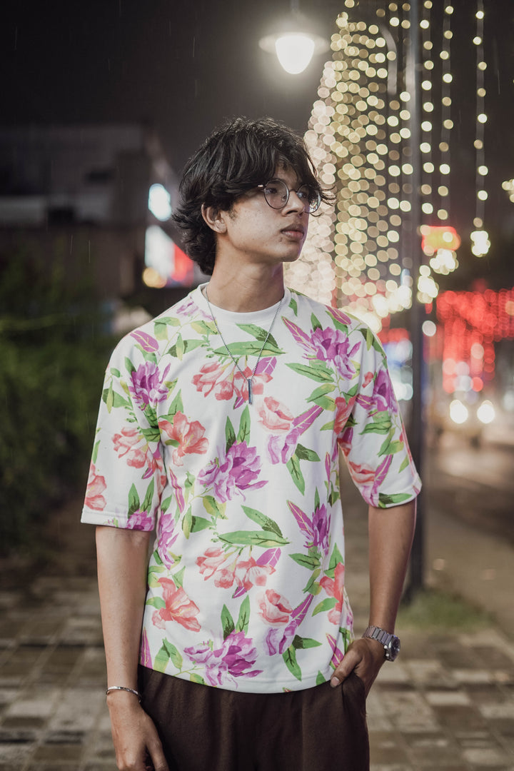 MULTI FLORAL PRINT FIVE SLEEVE TSHIRT-WHITE WITH PINK,GREEN