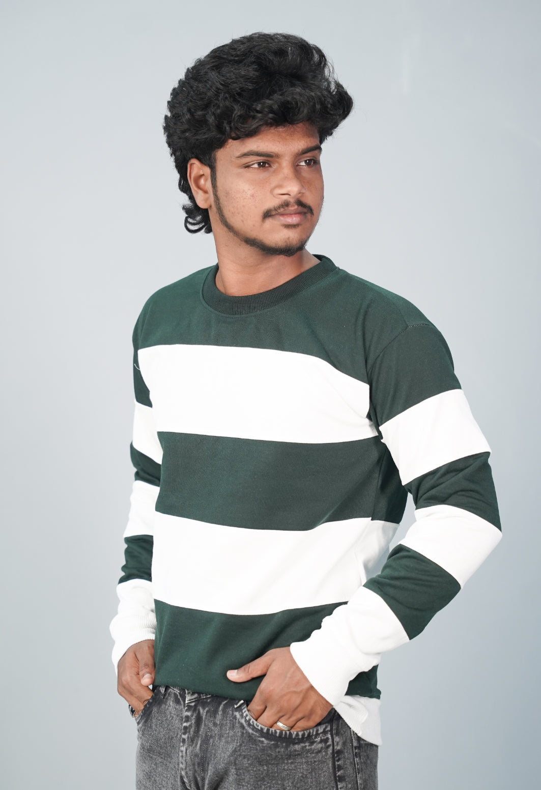 Full Sleeve Round Neck Cuttens Tshirt for Men-  bottle green