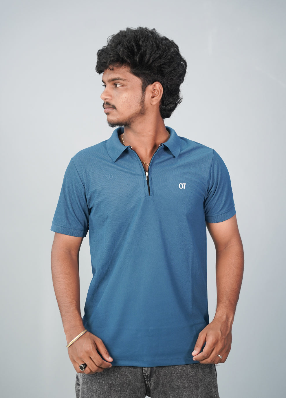Half Sleeve Collar Neck Korean Zipper 07 Tshirt for Men- Petrol Blue