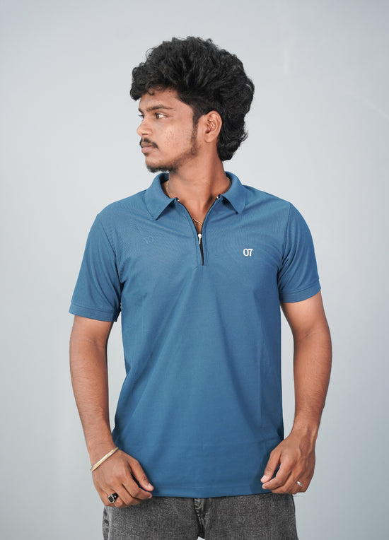 Half Sleeve Collar Neck Korean Zipper 07 Tshirt for Men- Petrol Blue