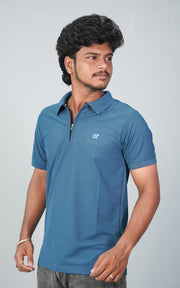 Half Sleeve Collar Neck Korean Zipper 07 Tshirt for Men- Petrol Blue
