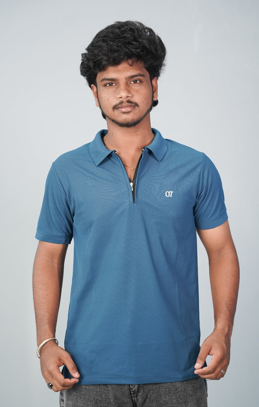 Half Sleeve Collar Neck Korean Zipper 07 Tshirt for Men- Petrol Blue
