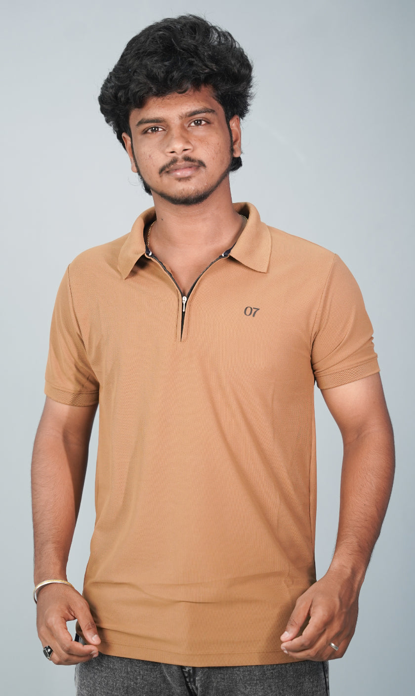 Half Sleeve Collar Neck Korean Zipper 07 Tshirt for Men-  Brown