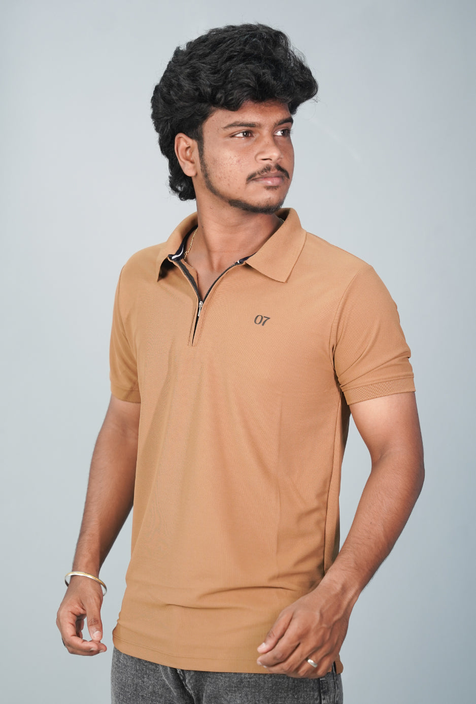Half Sleeve Collar Neck Korean Zipper 07 Tshirt for Men-  Brown