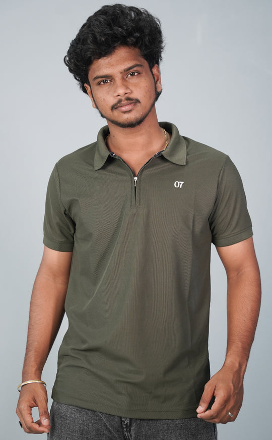 Half Sleeve Collar Neck Korean Zipper 07 Tshirt for Men- Mahendhi Green – alternate view – 7MAN India