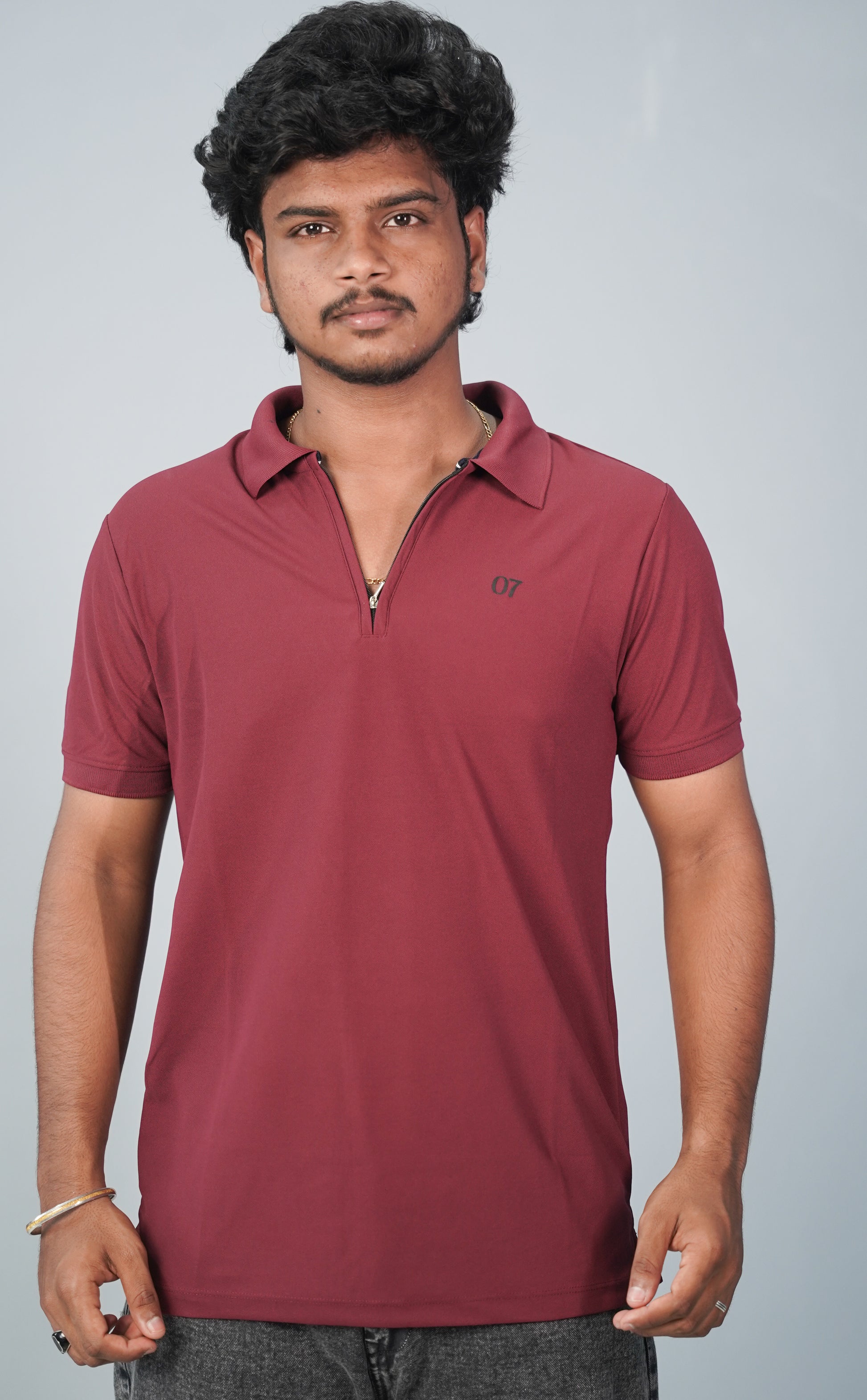 Half Sleeve Collar Neck Korean Zipper 07 Tshirt for Men- Maroon