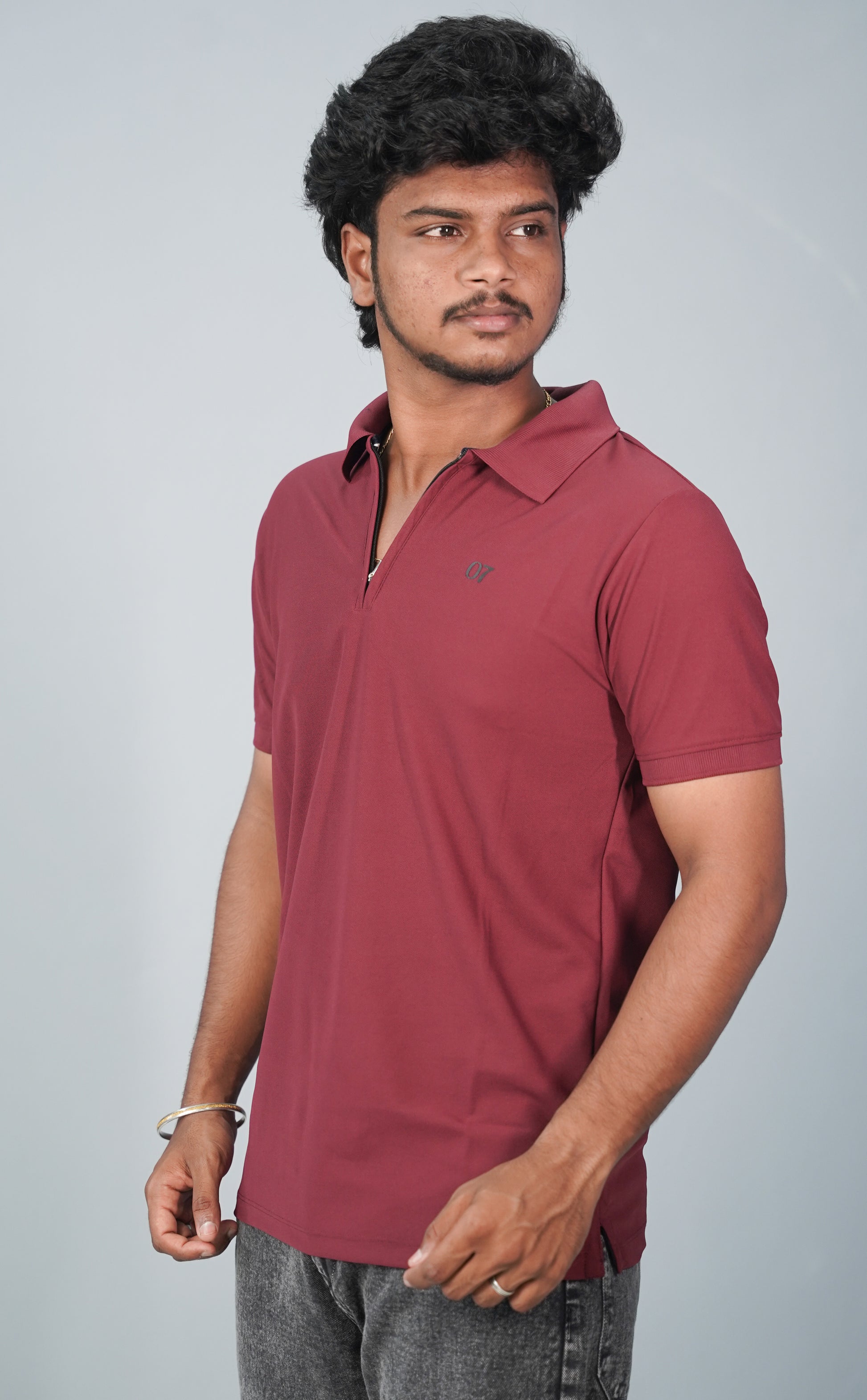 Half Sleeve Collar Neck Korean Zipper 07 Tshirt for Men- Maroon