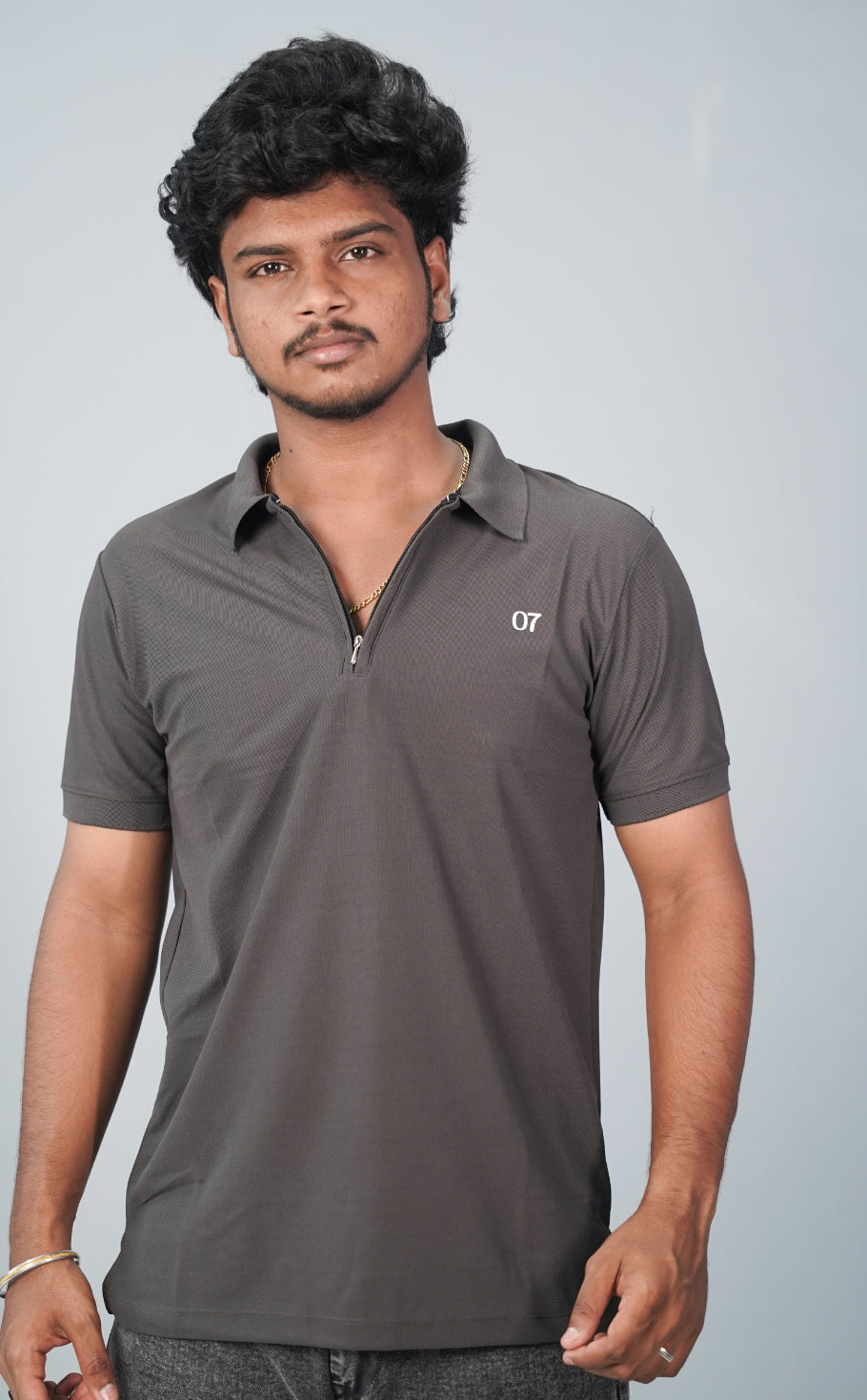 Half Sleeve Collar Neck Korean Zipper 07 Tshirt for Men-Grey