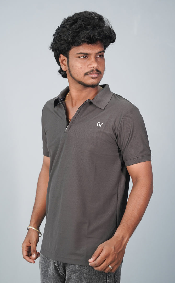Half Sleeve Collar Neck Korean Zipper 07 Tshirt for Men-Grey-T-Shirt-7 Man