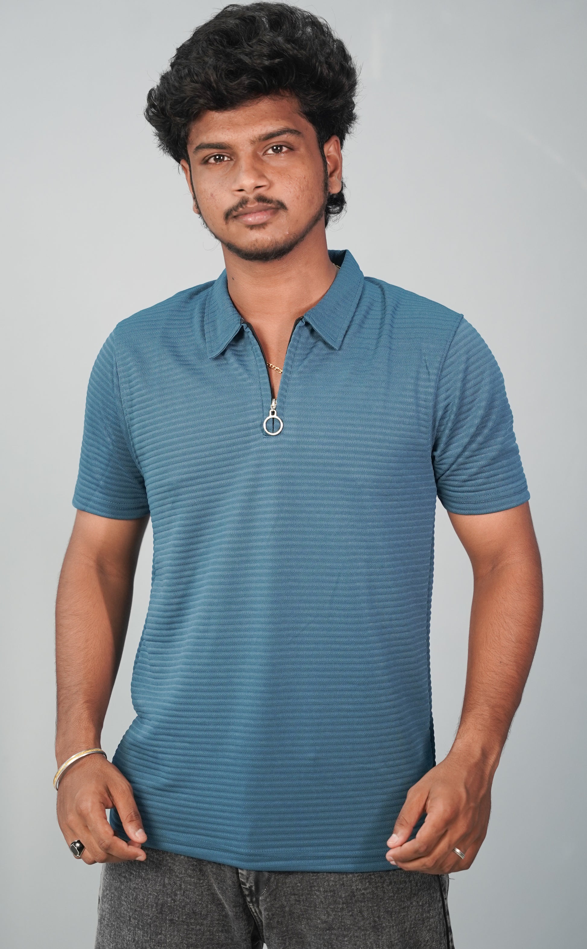 Half Sleeve Collar Neck Korean Zipper Tshirt for Men- Sky Blue